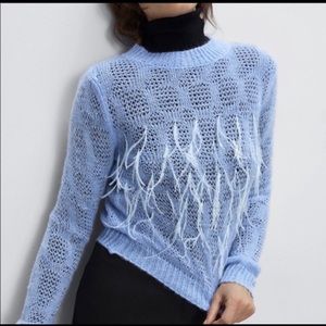 ZARA LT. BLUE WOOL SWEATER-FEATHER DETAIL-NWT-Sz L
